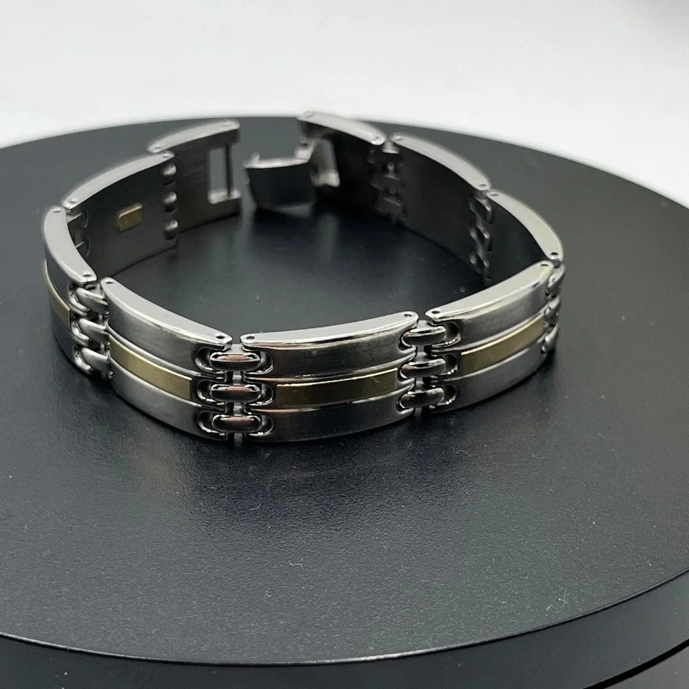 Designer Signed Stainless Steel and‎ 14K Yellow Gold Accents Bracelet